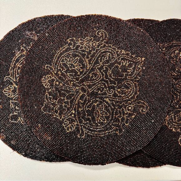 Vintage Leila’s Linens Brown Glass Bead Placemats Set 5 90s Boho Round - Picture 1 of 7